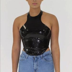 Sorella Boutique Black Halter Pu Croc Crop Top